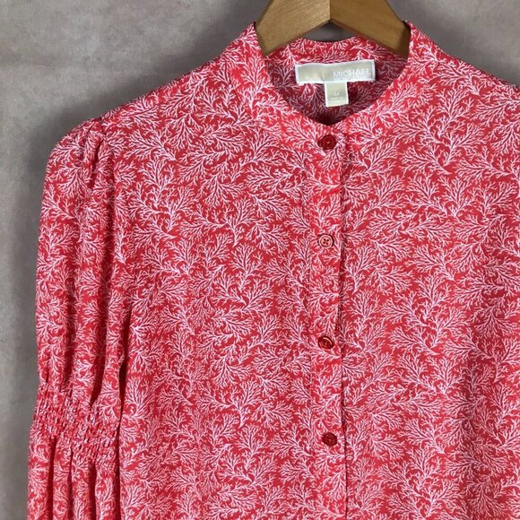 MICHAEL KORS Printed Smocked Bell Sleeve Top, Sea Coral NEW MEDIUM - Picture 5 of 10